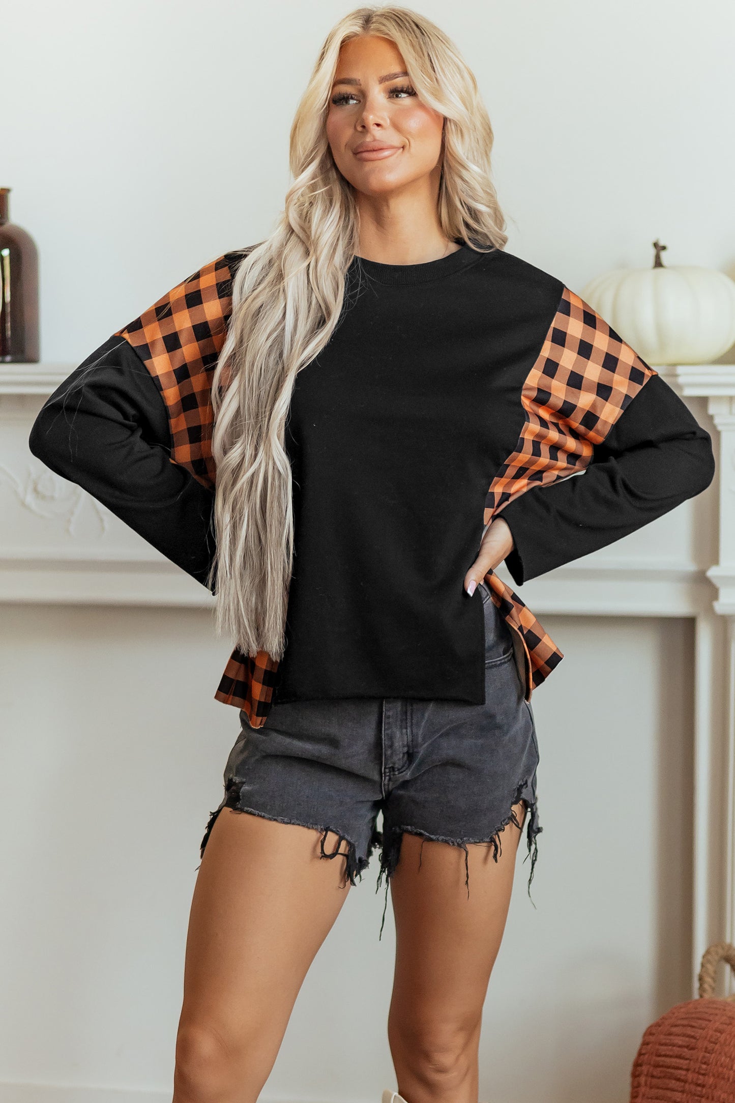 Black Patchwork Plaid Pumpkin Face Long Sleeve Top