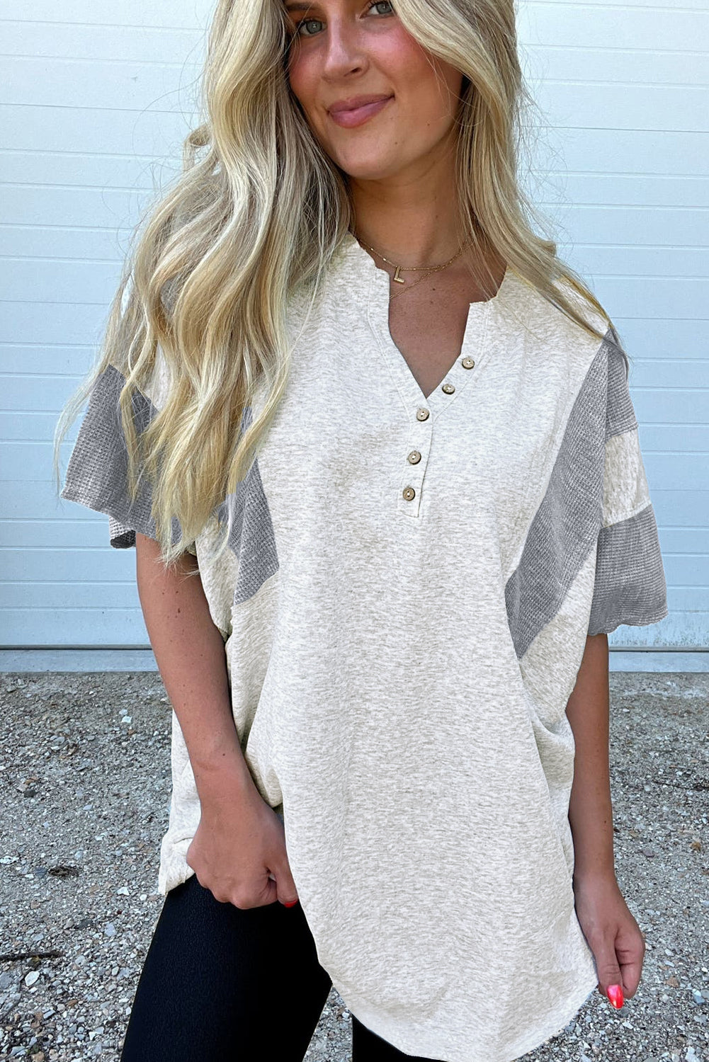 Dearlovers Light Grey Two Tone Contrast Waffle Knit Patched Buttoned V Neck Top
