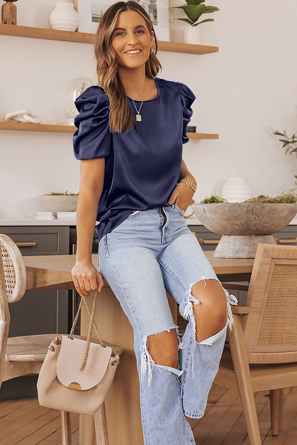 Ruched Puff Short Sleeve Satin Blouse