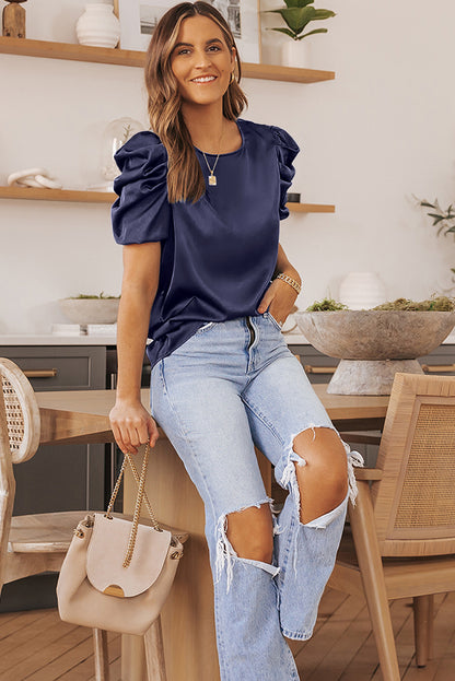 Ruched Puff Short Sleeve Satin Blouse