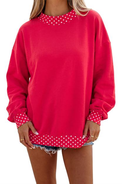 Red Colorblock Polka Dot Contrast Trim Oversized Sweatshirt