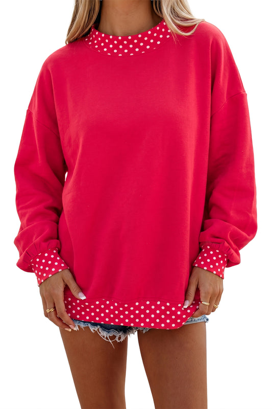 Red Colorblock Polka Dot Contrast Trim Oversized Sweatshirt