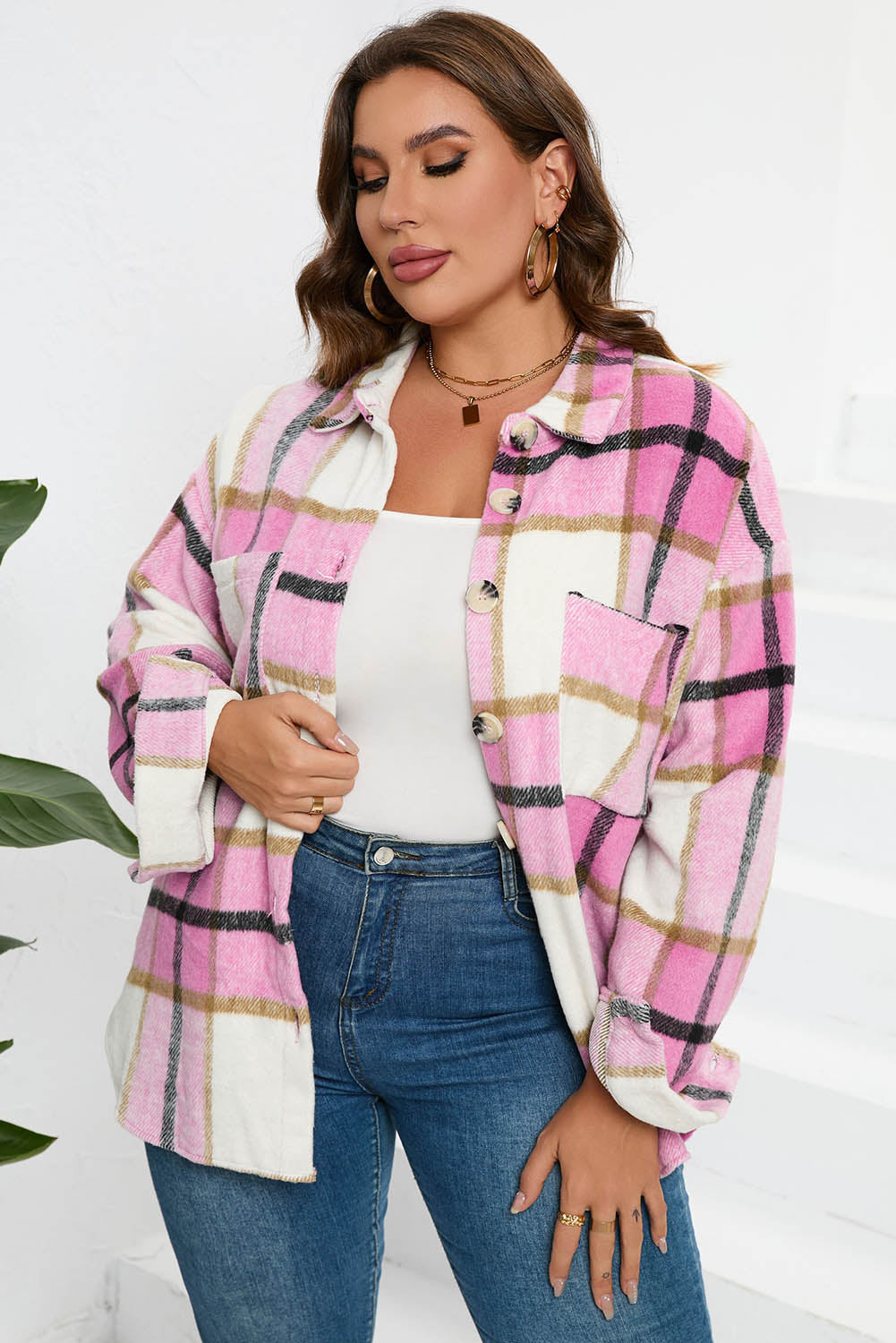 Pink Plaid Color Block Buttoned Long Sleeve Jacket with Pocket