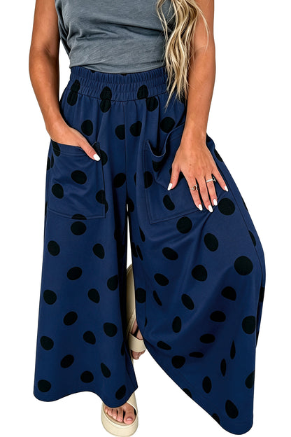 Sail Blue Polka Dot Wide Leg Elastic Waist Casual Pants