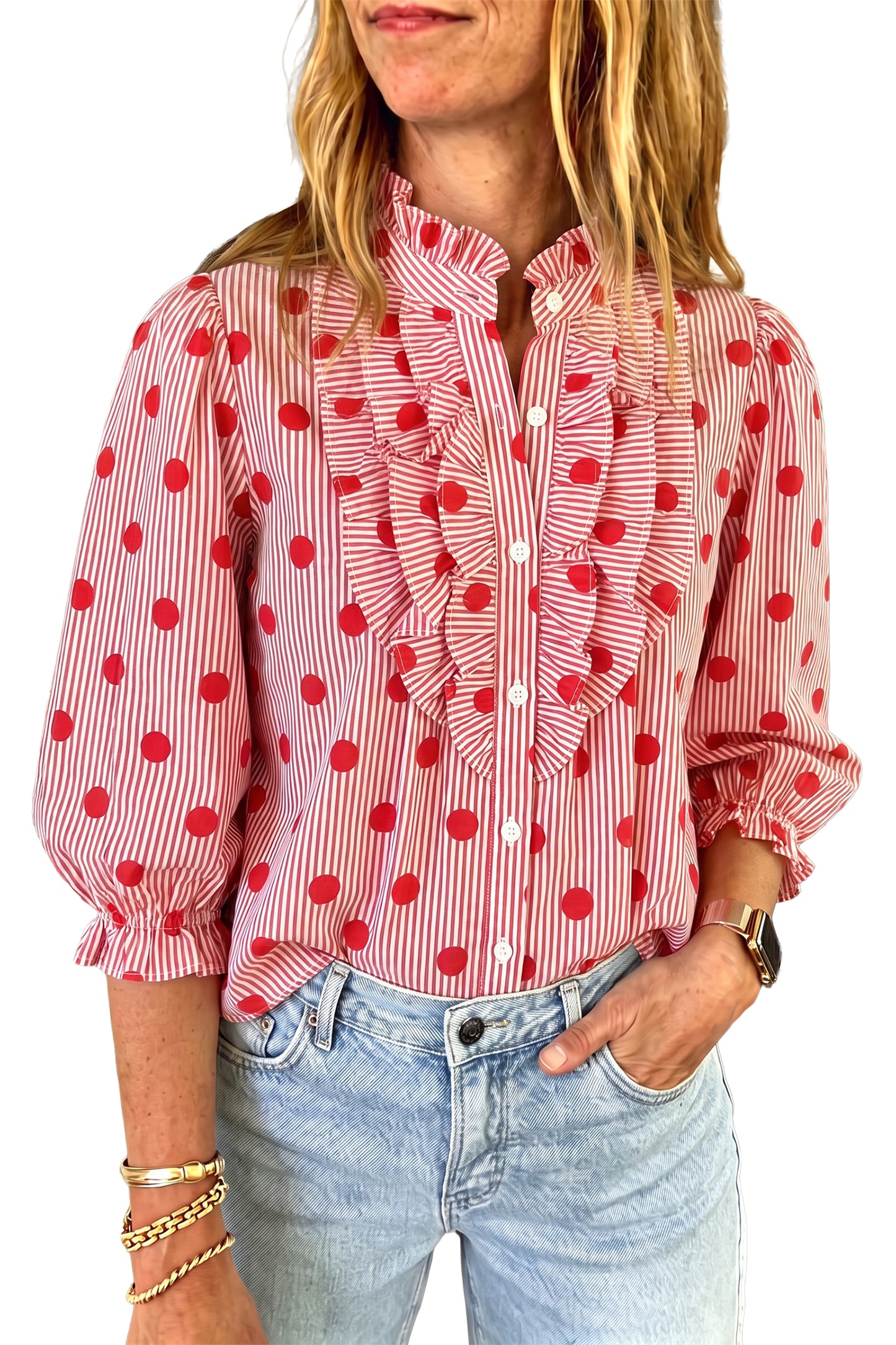 Fiery Red Polka Dot Striped Print Ruffle Stand Neck 3/4 Sleeve Shift Shirt