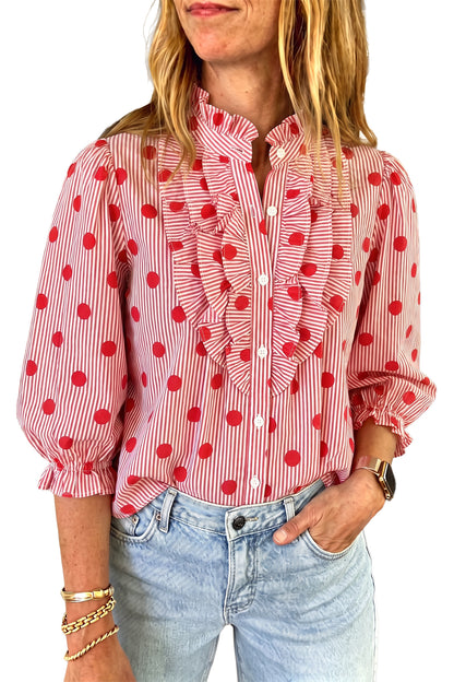 Fiery Red Polka Dot Striped Print Ruffle Stand Neck 3/4 Sleeve Shift Shirt