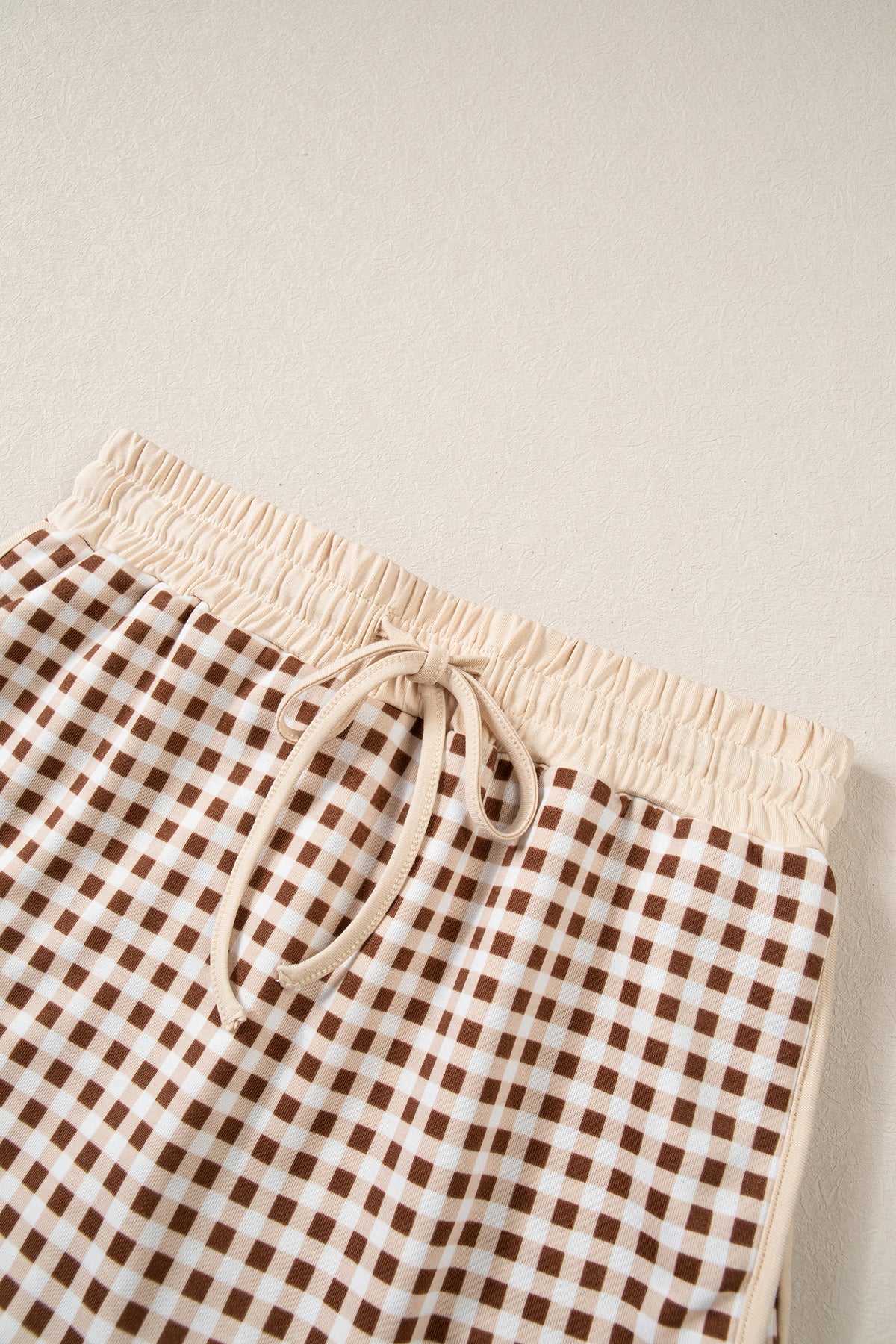 Brown Gingham Oversized Ribbed Trim Crew Neck Long Sleeve Top and Skort Set