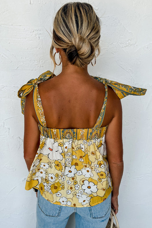 Débardeur boutonné à bretelles nouées et patchwork floral jaune