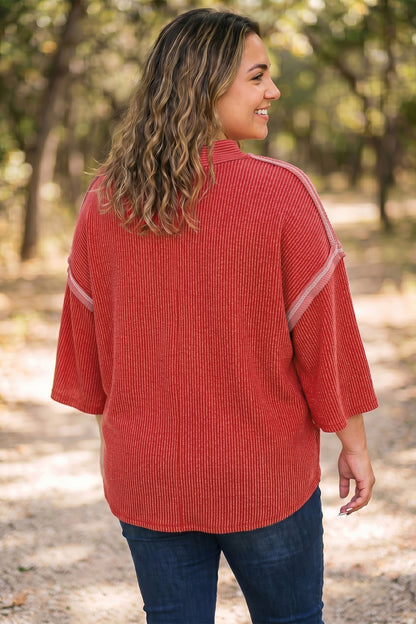 Fiery Red Twist Ribbed Tunic Round Neck Bracelet Sleeve Plus Size Blouse