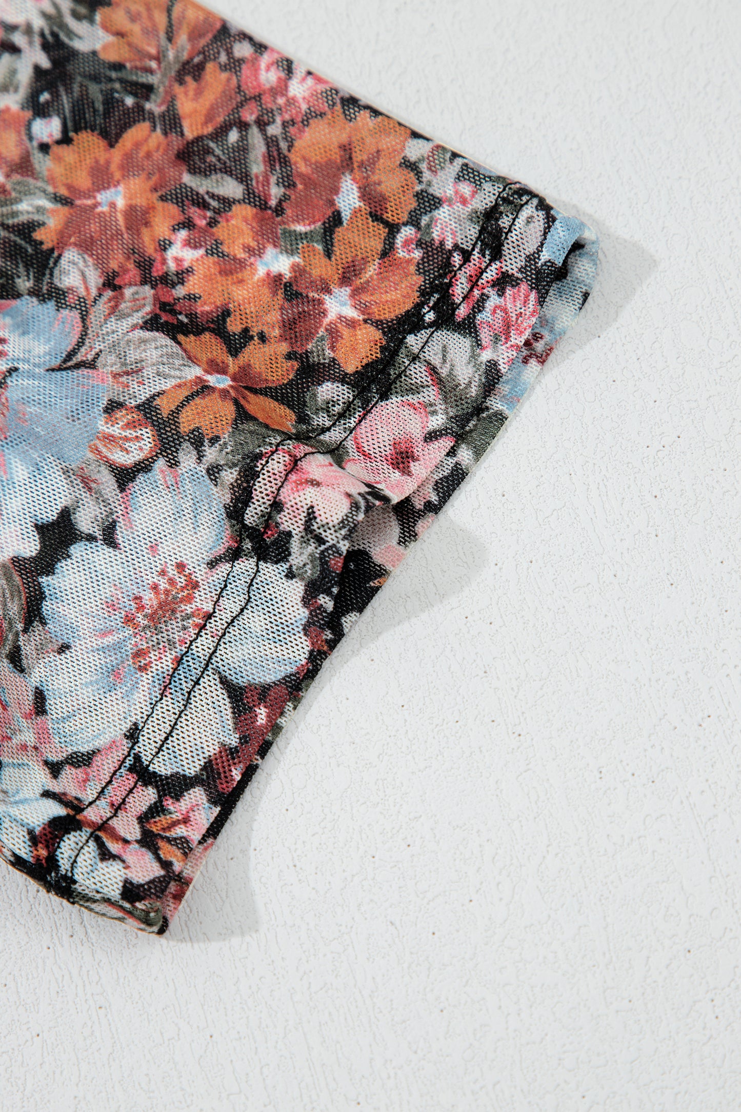 Brown Floral Printed Mesh Short Sleeve Top