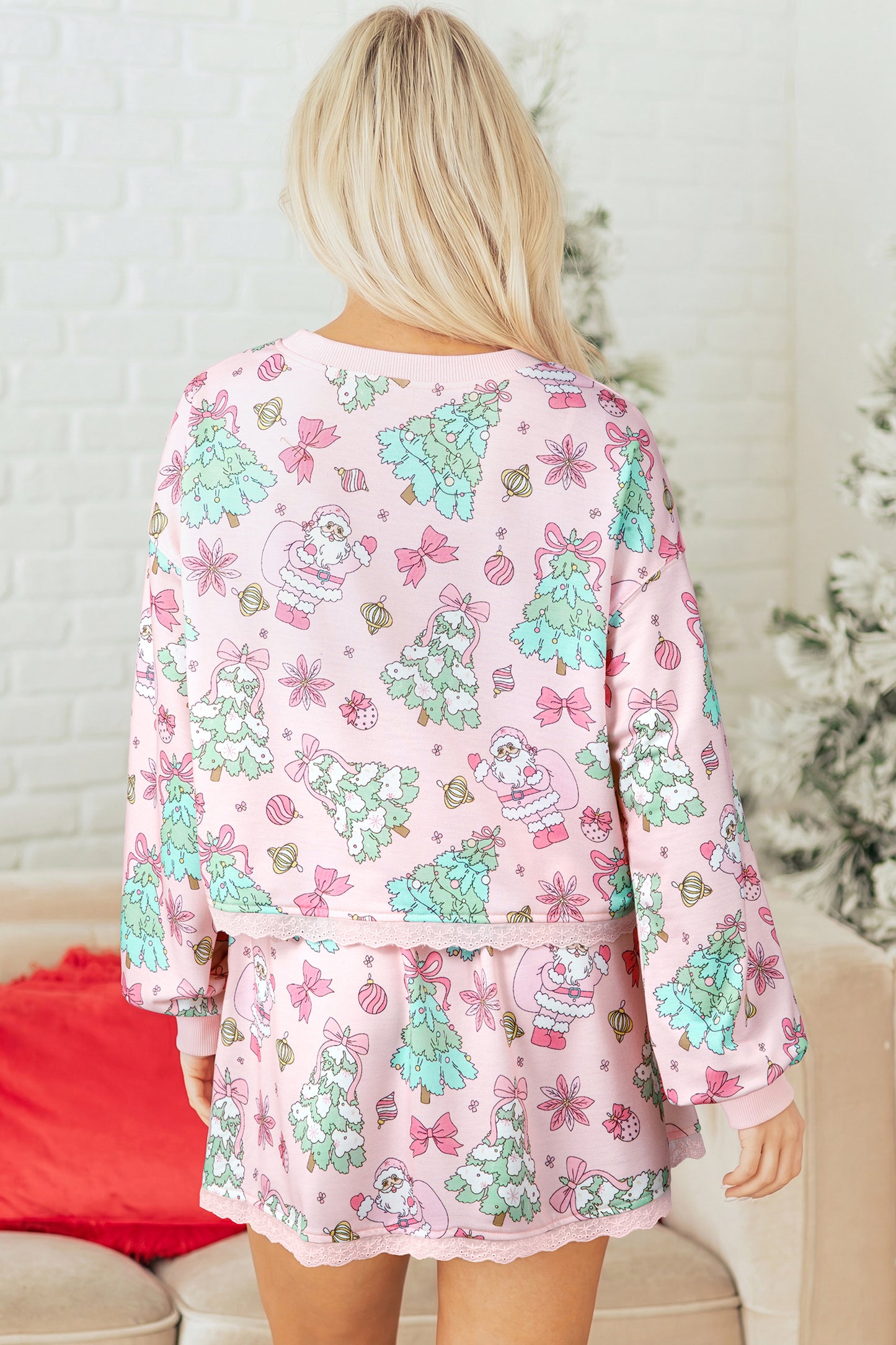 Pink Floral Print Lace Trim Long Sleeve Skirt Set