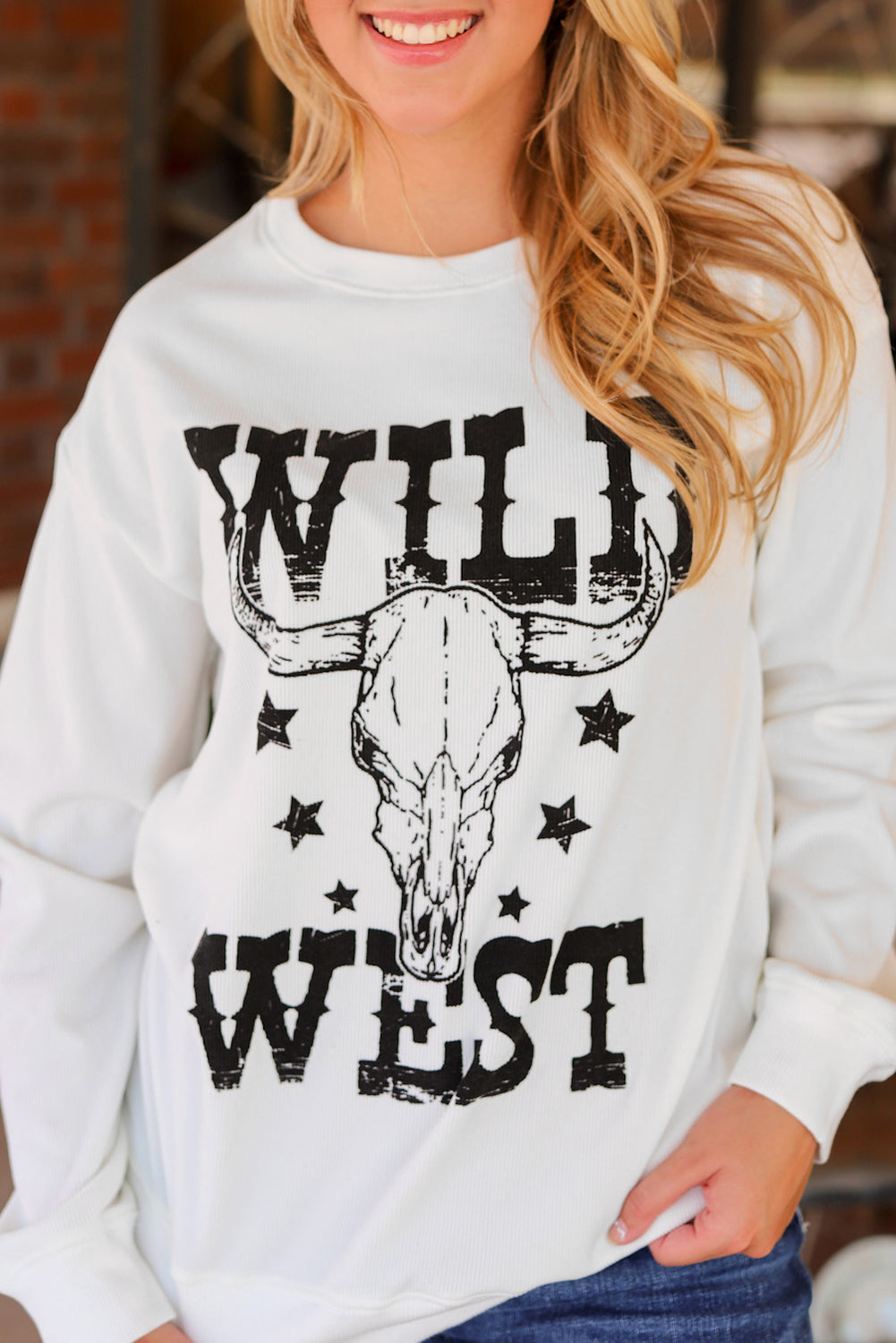 Sweat-shirt côtelé blanc à motif tête de mort WILD WEST