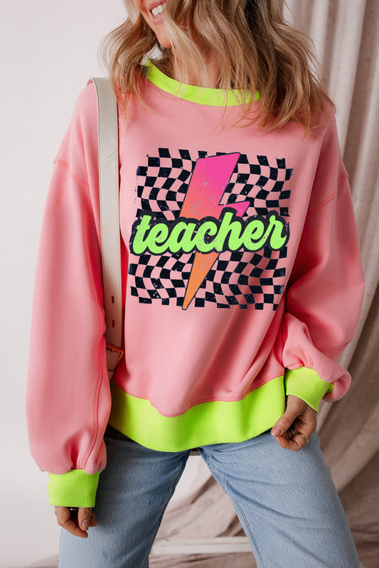 Sweat-shirt à imprimé à carreaux et blocs de couleur Pink Teacher Lightning