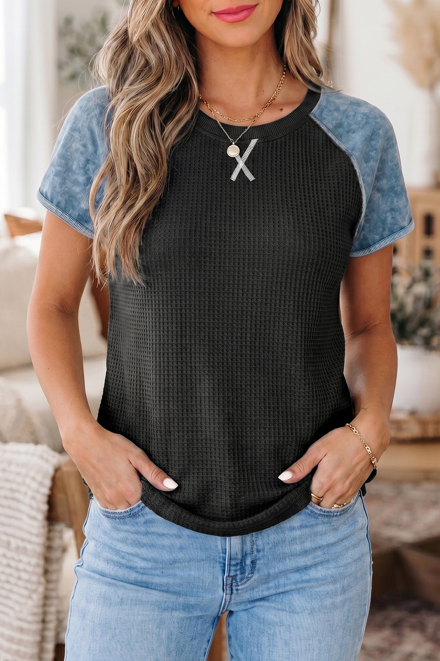 Laurel Green Waffle Knit Seam Detail Color Block Patchwork Short Sleeve Top