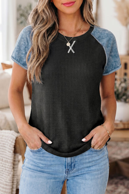 Laurel Green Waffle Knit Seam Detail Color Block Patchwork Short Sleeve Top