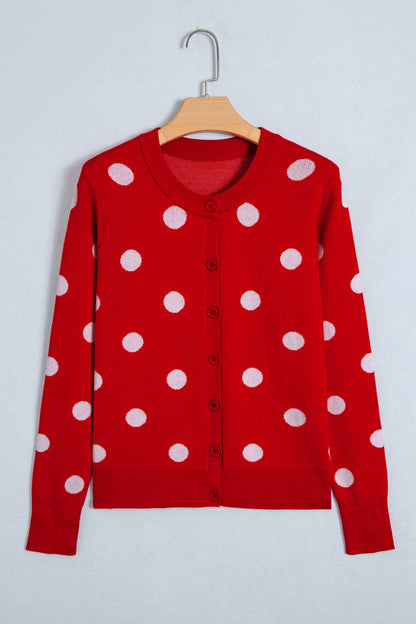 Fiery Red Casual Polka Dot Button Front Long Sleeve Sweater Cardigan