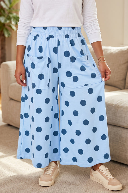 Sky Blue Polka Dot Elastic Waist Wide Leg Plus Size Pants