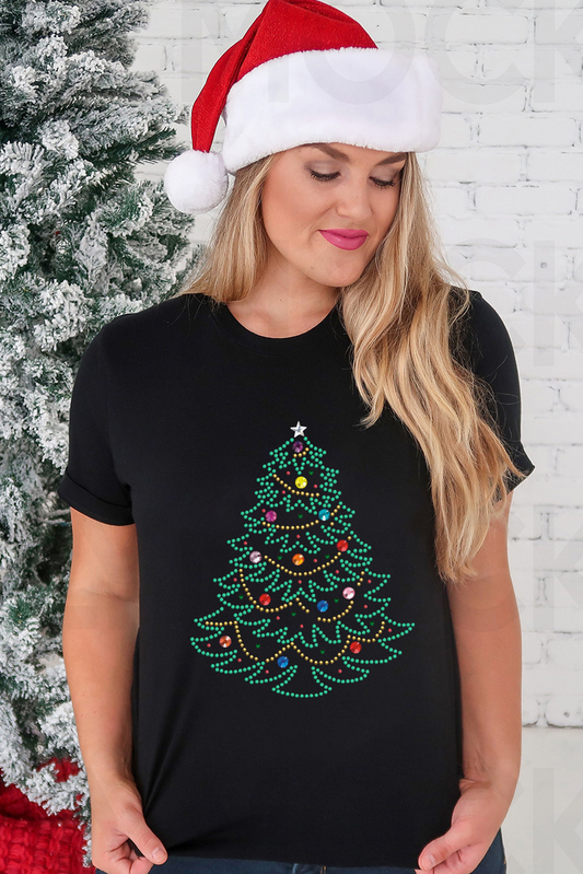 T-shirt graphique à col rond avec motif sapin de Noël en strass noir