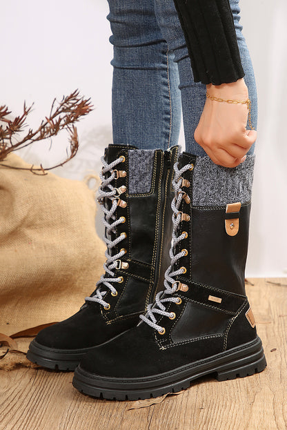 Coffee Wool Knit Patchwork Lace Up Leather Boots
