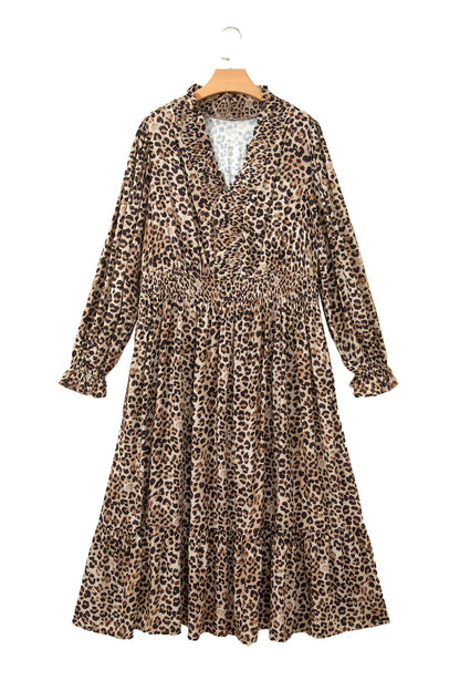 Brown Leopard Print V Neck Long Sleeve Gathered Waist Plus Size Dress