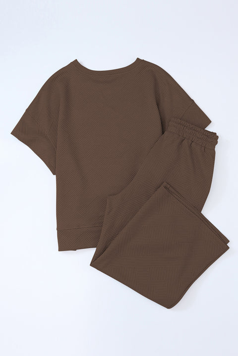 Gray Textured Loose Fit T Shirt and Drawstring Pants Set