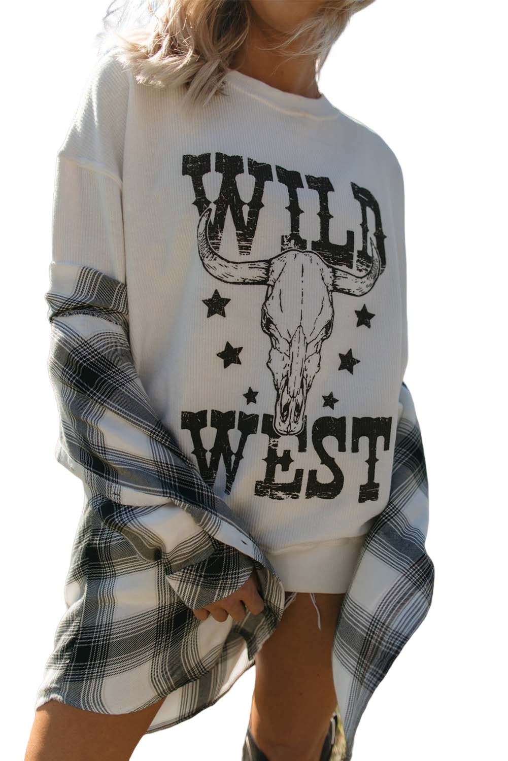 Sweat-shirt côtelé blanc à motif tête de mort WILD WEST