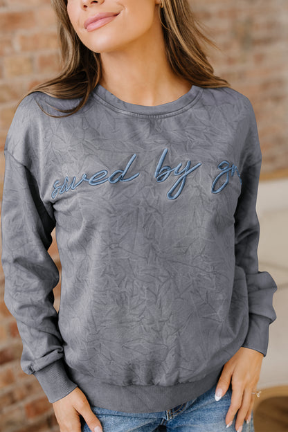 Sea Green saved by grace Letter Embroidery Mineral Wash Loose Sweatshirt