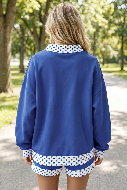 Dark Blue Polka Dot Trim Baggy Pullover 2pcs Short Set