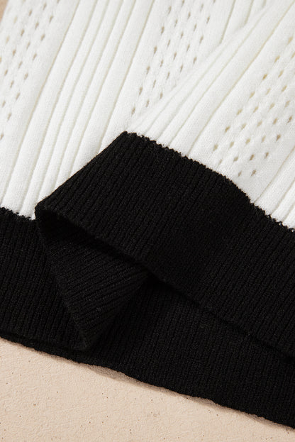 White Contrast Trim Eyelet Knit Colorblock V Neck Sweater Vest