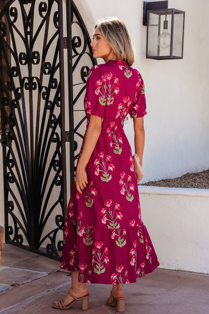 Red Floral Print Frilled V Neck Short Sleeve Ruffle Maxi Dress