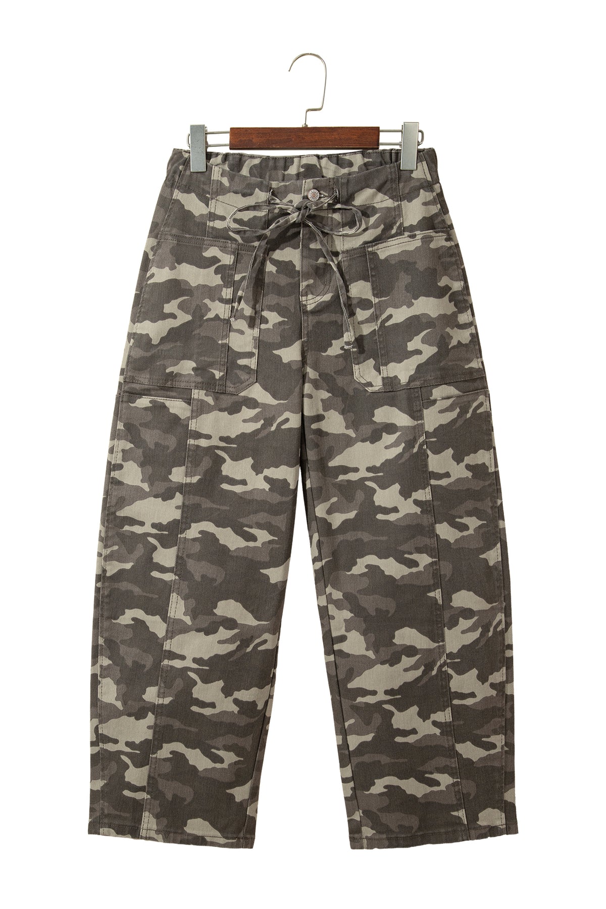 Green Leopard Printed Drawstring Elastic Waistband Pocketed Barrel Jeans