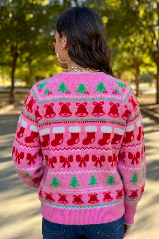 Pink Christmas Holiday Graphic Round Neck Knit Sweater