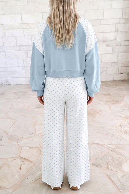 Light Blue Polka Dot Patchwork Colorblock Long Sleeve Casual Two Piece Pants Set