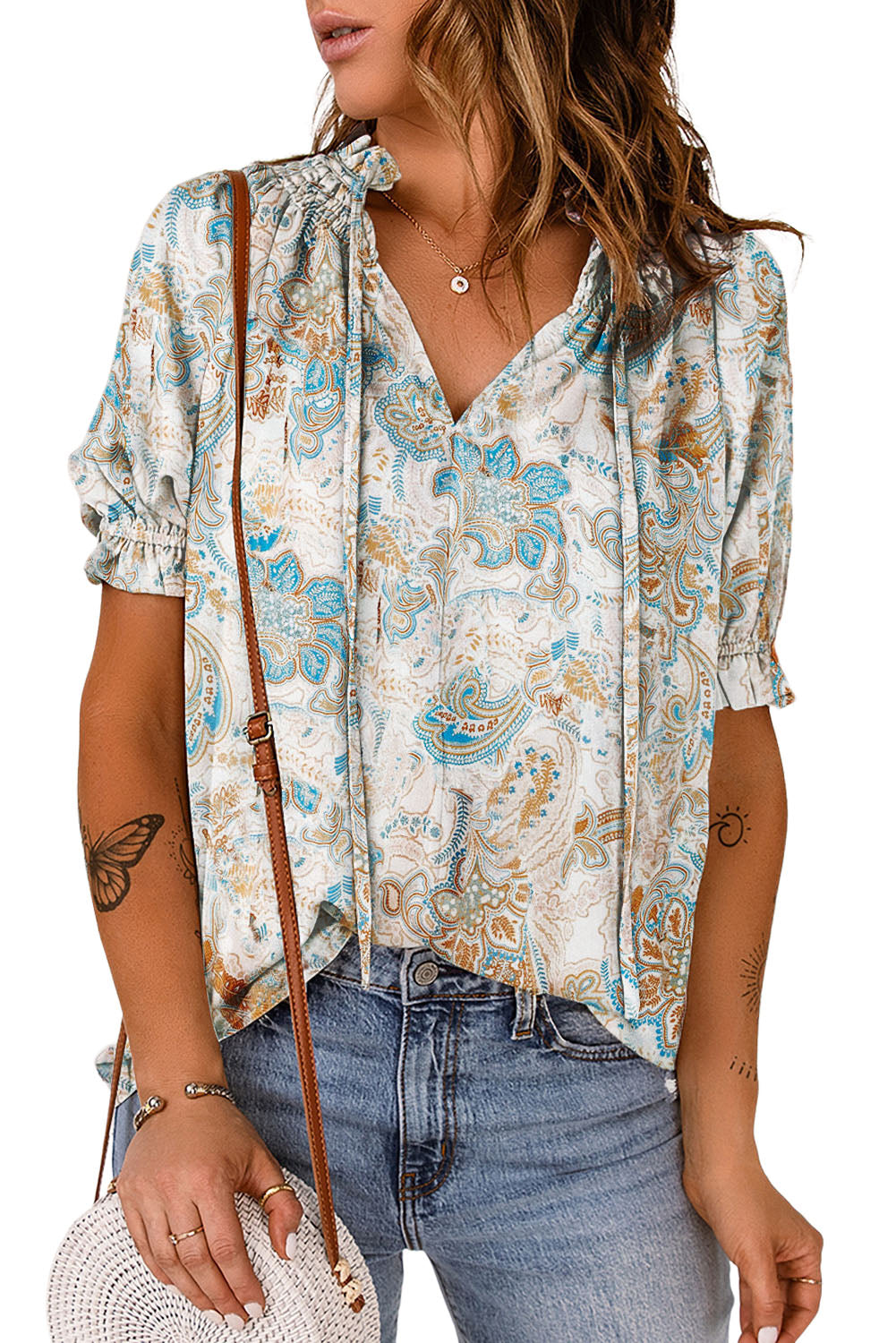 Blusa holgada de mangas anchas con estampado de paisley multicolor