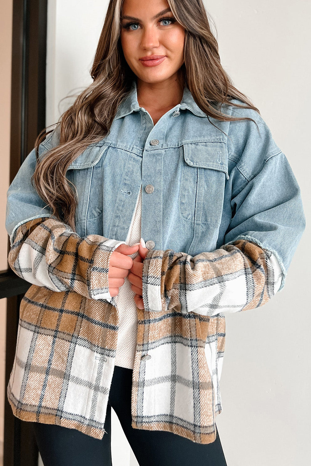 Veste en jean oversize boutonnée à carreaux kaki