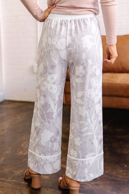 Gray Floral Print Wide Leg Ankle-Length Elastic Waistband Pants