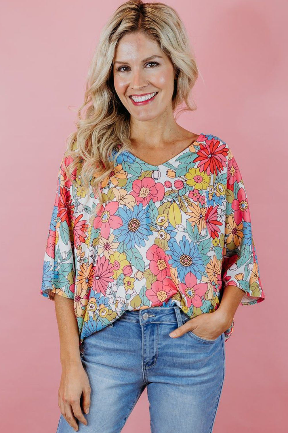 Blusa de media manga con cuello en V y estampado floral multicolor 