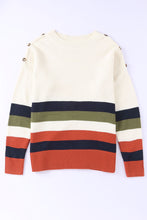Buttoned Shoulder Drop Shoulder Striped Sweater