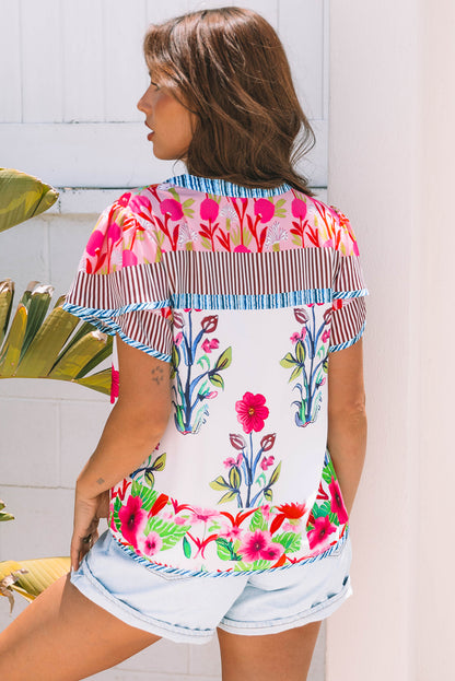 Pink Floral Striped Patchwork Short Sleeve Split Neck Blouse