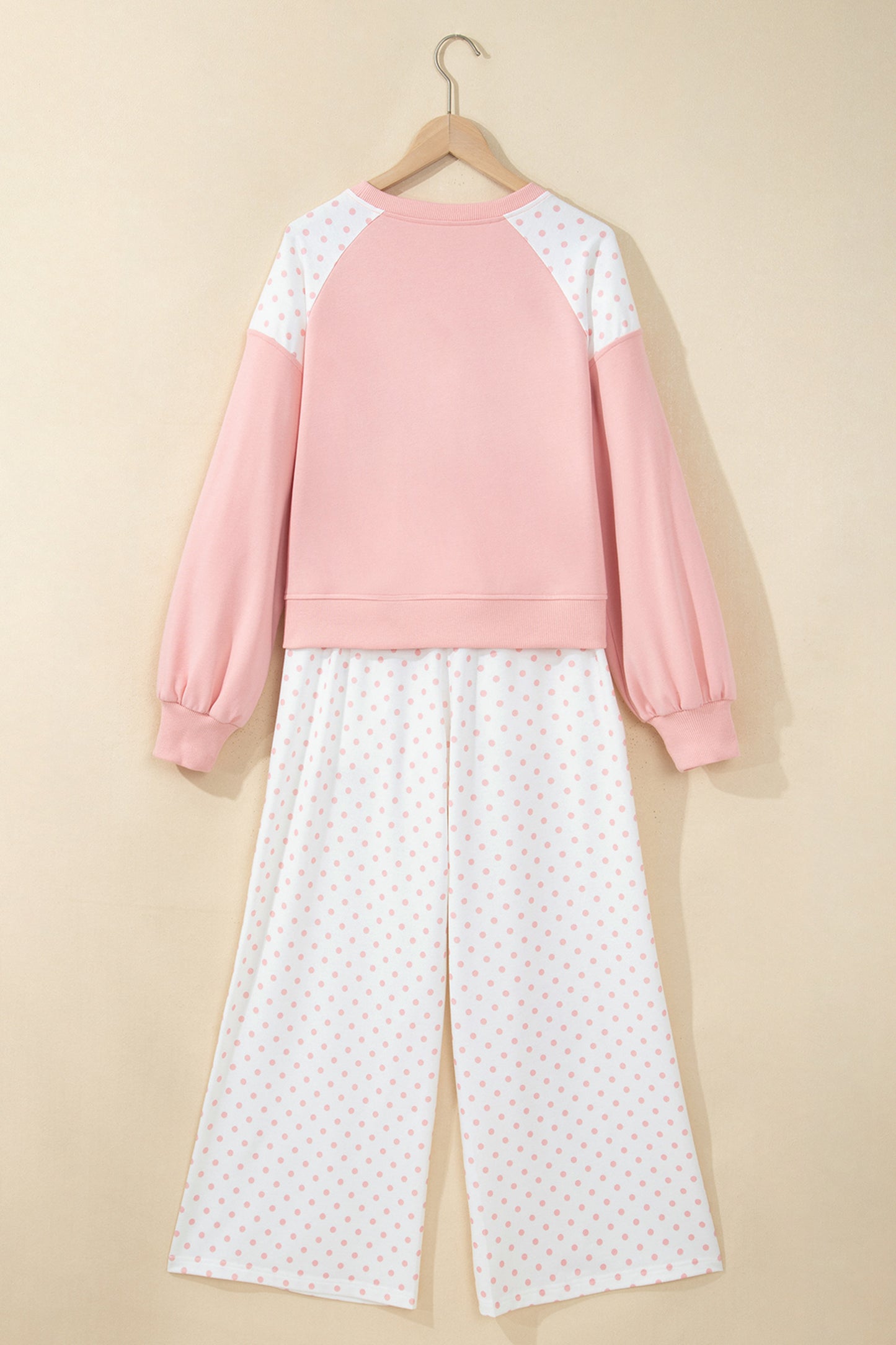 Pink Polka Dot Patchwork Colorblock Long Sleeve Casual Two Piece Pants Set
