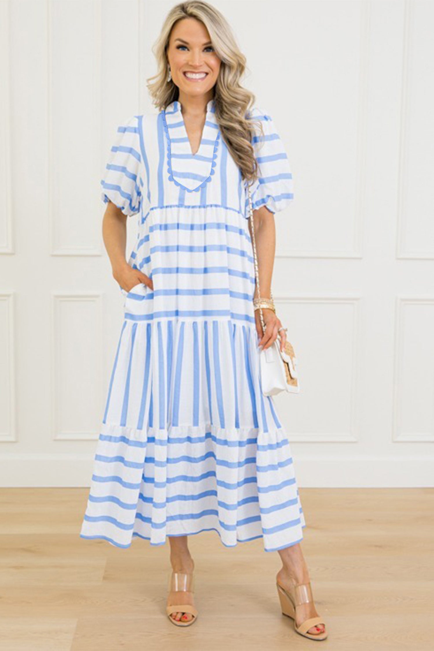 Sky Blue Stripe Ricrac Trim Notched Neck Half Sleeve Vacation Dress