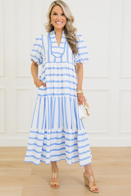 Sky Blue Stripe Ricrac Trim Notched Neck Half Sleeve Vacation Dress