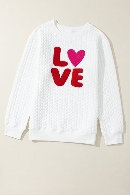Sweat-shirt blanc en maille torsadée brodée chenille LOVE