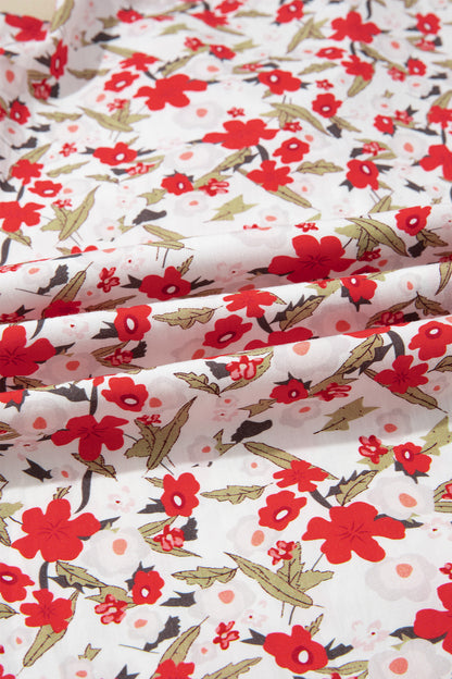 Red Floral Print Short Puff Sleeve Button Front Shirt