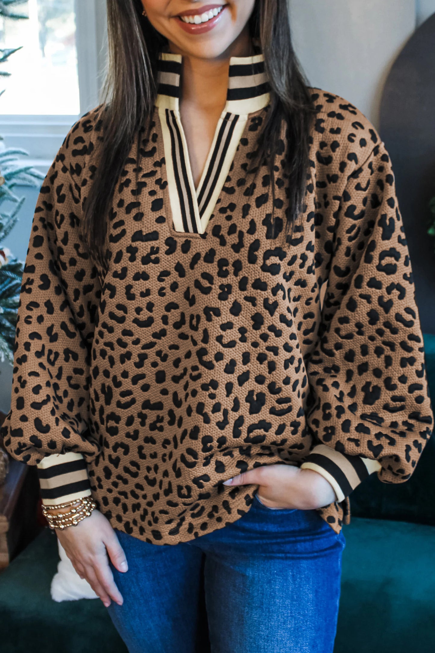 Brown Leopard Print Striped Trim Collar Long Sleeve Shift Pullover