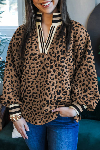 Brown Leopard Print Striped Trim Collar Long Sleeve Shift Pullover