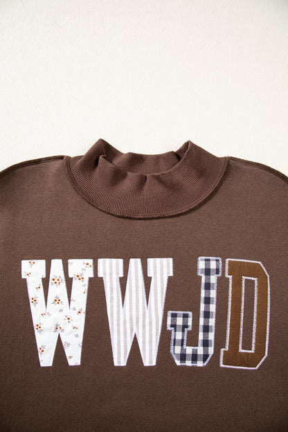 Coffee WWJD Mixed Pattern Embroidered Patch Graphic Mock Neck Sweatshirt