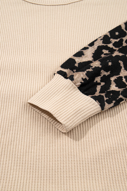 Gray Morn Leopard Sleeve Waffle Knit Split Hem Top