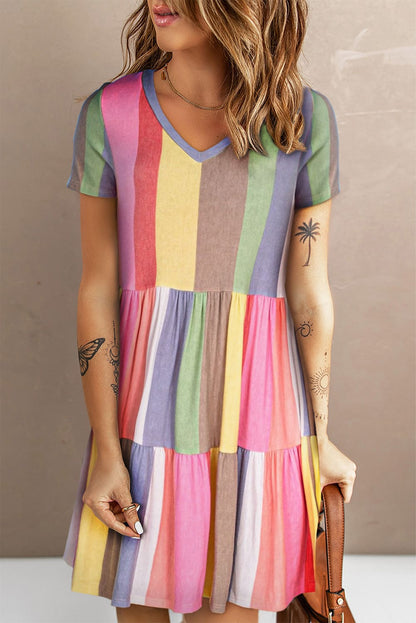 Multicolor Striped Color Block Tiered Mini Dress
