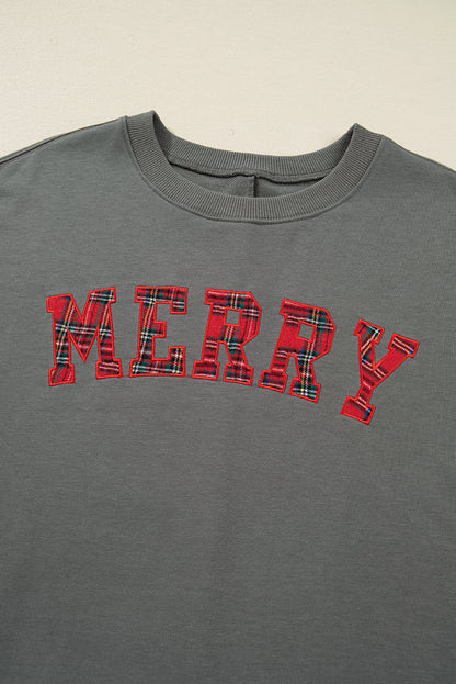 Medium Grey Plaid MERRY Bow Embroidered Plus Size Sweatshirt with Side Slits